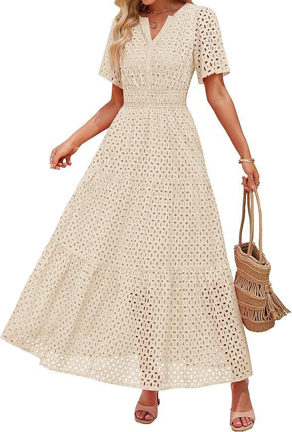 2025 European And American Foreign Trade Cross-border Women's Clothing V-neck A-line Hollow Lace Layered Dress_ecoleips.com