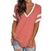 2024 Europe And The United States Spring And Summer New Women's Base Shirt Solid Color V-neck Splicing Short Sleeve Loose T-shir_ecoleips.com