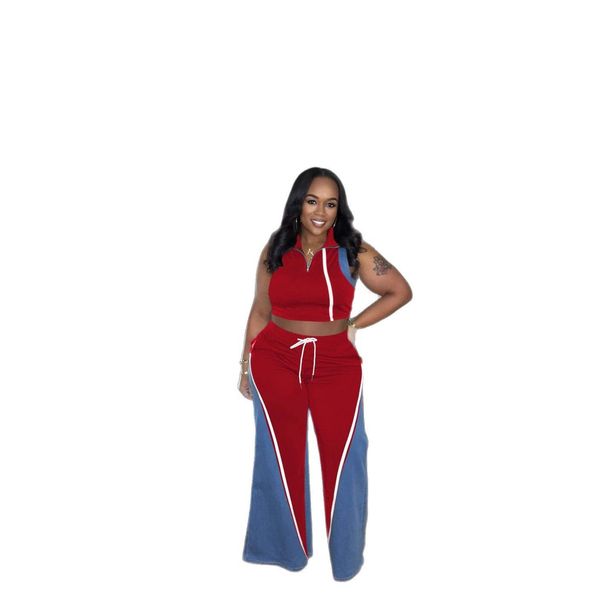 Women's Clothing Polyester + Denim Splicing Sleeveless V Neck Wide Leg Trousers Suit Two Piece Suit_ecoleips.com