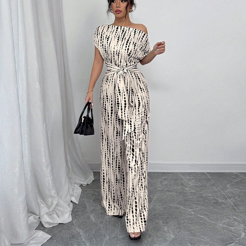 Women's Clothing Striped Vacation Style Oblique Shoulder Strap Jumpsuit Wide Leg Trousers_ecoleips.com