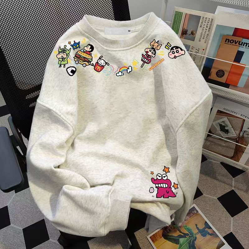 Women's Fleece Lined Crew Neck Sweatshirt Trendy American Style Loose Fit Thick Coat for Couples Autumn Winter_ecoleips.com