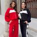 Women's Clothing Casual Street Style Contrast Color Striped Casual Streetwear Set - Color Block Striped High Neck Zip-Up Top & Straight Leg Pants_ecoleips.com