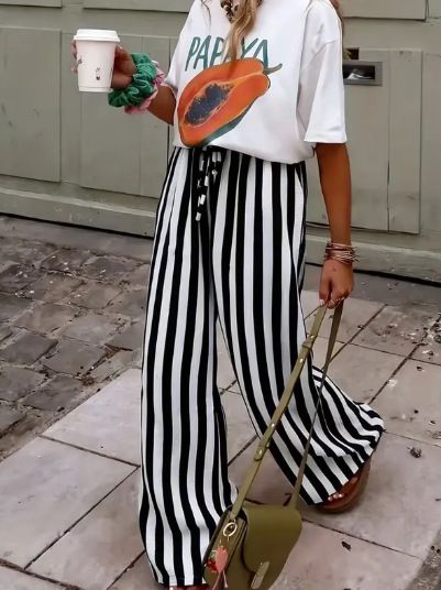 Spring Summer Women's Loose Casual Block Color Striped Print Straight-Leg Trousers
fashion High Quality Woman Pants_ecoleips.com