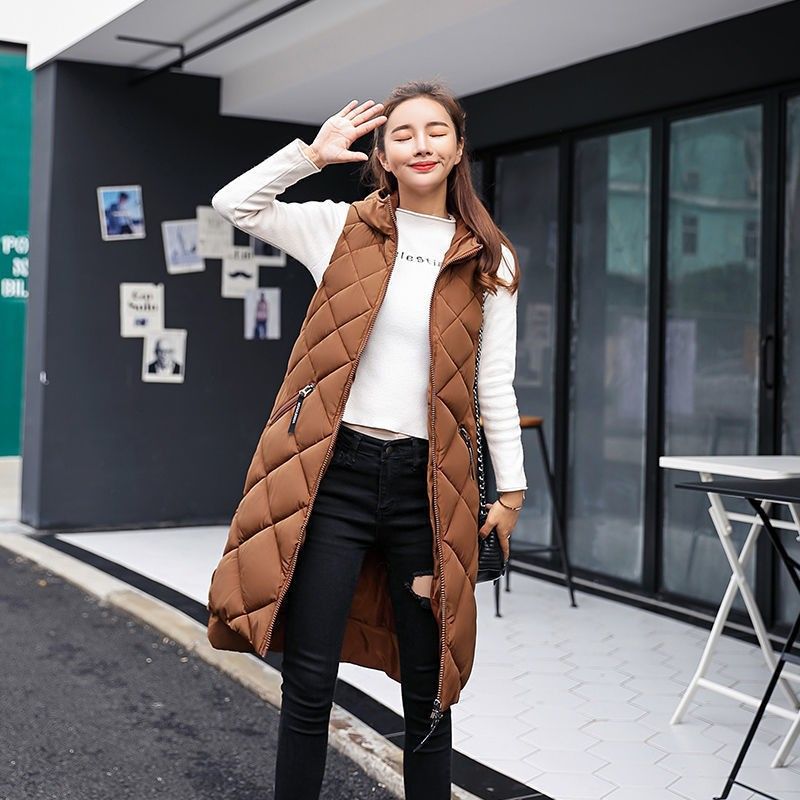 Women's Autumn And Winter Down Cotton Vest Hooded Sleeveless Cotton Waistcoat Warm Vest Mid Length Cotton Vest Women_ecoleips.com