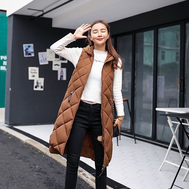 Women's Autumn And Winter Down Cotton Vest Hooded Sleeveless Cotton Waistcoat Warm Vest Mid Length Cotton Vest Women_ecoleips.com