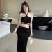 1208 Women's Knitted Sleeveless Halter Neck Strap Dress Backless Set For Women_ecoleips.com