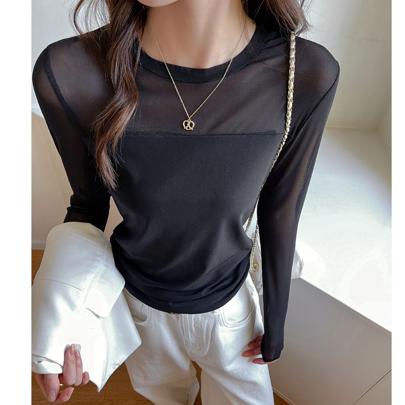 Women's Mesh Patchwork T-Shirt Round Neck Long Sleeve Casual High-End Style For Autumn Winter Inner Or Outer Layer Wear_ecoleips.com