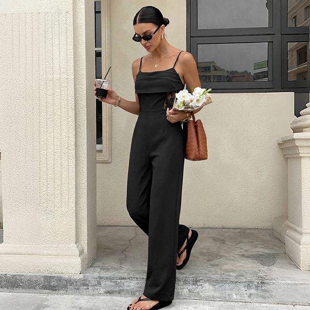Women's Slim Fit Sleeveless Jumpsuit Summer Spliced Lace Hollow Out Design Cross Suspender Style_ecoleips.com
