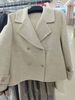 Women's Double-Faced Wool Coat - Premium Short Suit Collar Cashmere Overcoat In Greyish/Black/Oat (S/M)_ecoleips.com