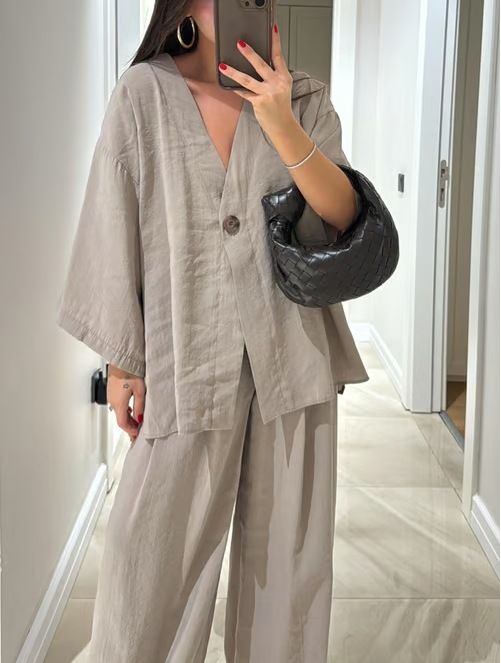 Women's V-Neck Flowy Top & Wide Leg Pants Set – Breathable Loose Fit Outfit For Casual And Chic Style_ecoleips.com
