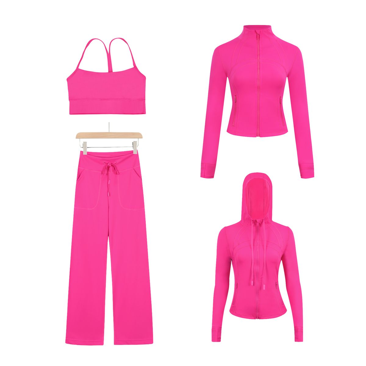 Women's 4-Piece Stretch Outfit Set - Y-Neck Vest, Cropped Jacket, Hooded Jacket & Straight Leg Pants - Slim Fit Casual Wear (Multiple Colors)_ecoleips.com