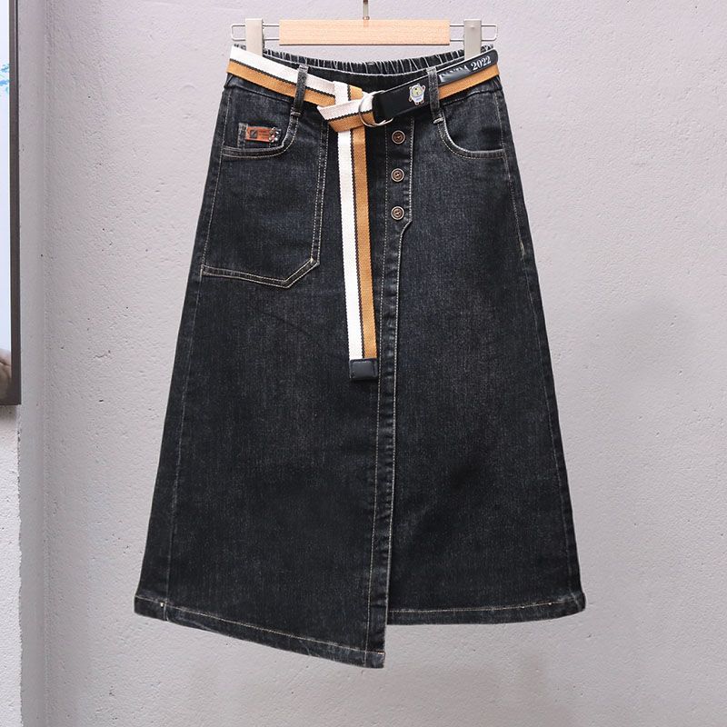 Women's Clothing Summer irregular A line slim skirt spring and summer high end elastic waist versatile denim skirt women's mid length skirt_ecoleips.com