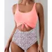 Ruched Tie-Knot Tummy Control One-Piece Swimsuit Patchwork Printing Women Bandage High Waist Vacation Beach Resort Bathing Suit_ecoleips.com