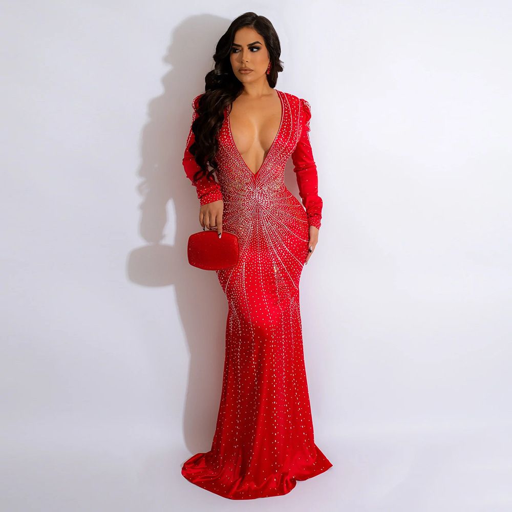 new product fashion fashion sexy deep V-neck host hot diamond long dress long group women_ecoleips.com