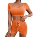 Women's Clothing Summer Women's Solid Color Crop Top Square Neck Sports And Leisure Suit Fashion Outfit Loose Fit Summer Two Piece Set_ecoleips.com
