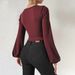 Voya Women's New Wine Red Square Neck Short Knitted Top For Spring And Summer, Long Sleeved Retro Lantern Sleeves, Slim Fit Bottom Shirt_ecoleips.com