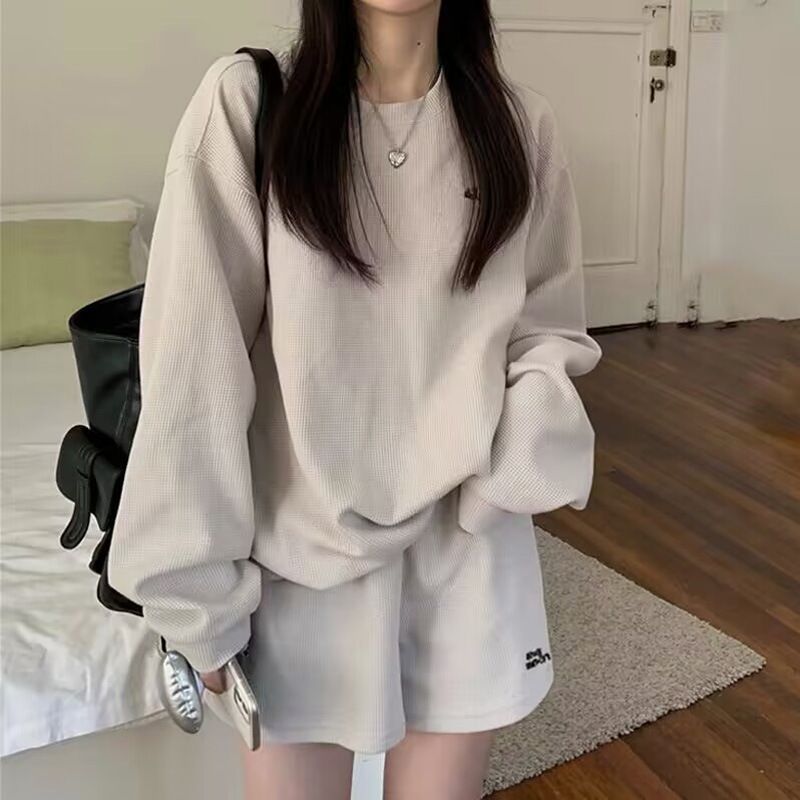 Verve Waffle Shorts Long Sleeve Top Two Piece Set Women Summer Plus Size Loose Harajuku Style Casual Fashion Outfit_ecoleips.com