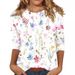 Women's Clothing Tops Three Quarter Sleeves Summer Ethnic Floral Slim Tops Round Neck Slim Print T Shirt_ecoleips.com
