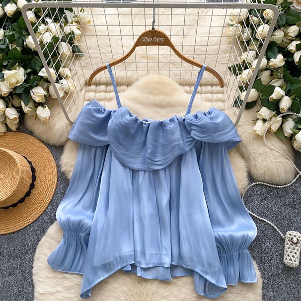 Women's Premium Off-Shoulder Chiffon Blouse French Gentle Style Ruffled Trim Loose Fit Light Flowing Top for Autumn 2025_ecoleips.com