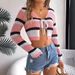 2026 Summer Hollowed-Out Contrast Color Striped Lace-Up Long-Sleeve Cropped Knit Cardigan Sunscreen Shirt Cross-Border_ecoleips.com