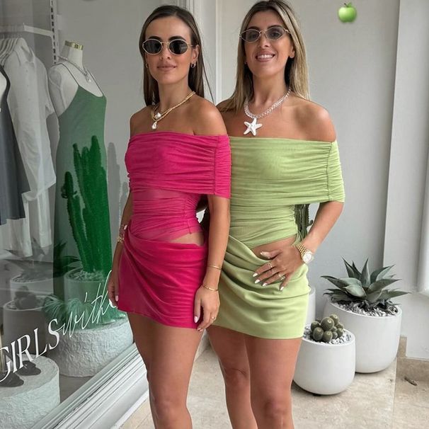 European And American Fashion Off-Shoulder Mesh Hollowed out Pleated Waist Short Dress for Women Spring/Summer Trend Wholesale_ecoleips.com