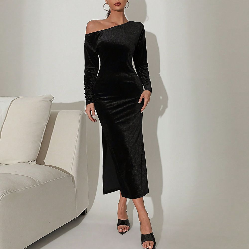 Women's Off-Shoulder Sexy Slim Fit Bodycon Split Long Sleeve Mid-Length Velvet Dress_ecoleips.com
