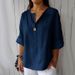 2025 European And American Summer New Loose T Shirts For Women V Neck Cotton And Linen Button Tops_ecoleips.com