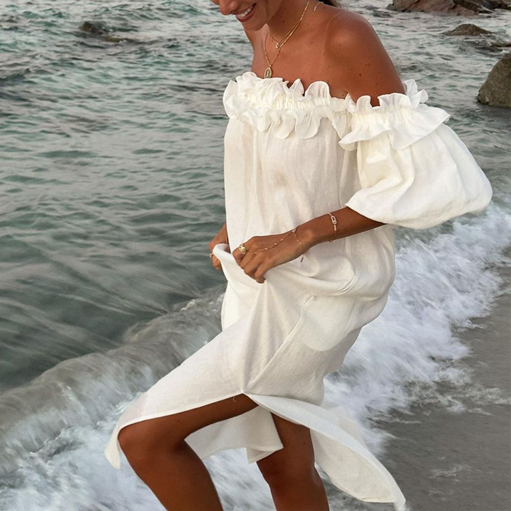 Women's clothing one-shoulder sexy puff sleeve solid color lace holiday beach dress_ecoleips.com