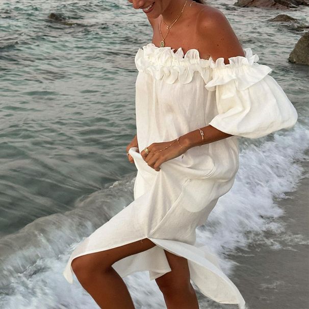 Women's clothing one-shoulder sexy puff sleeve solid color lace holiday beach dress_ecoleips.com