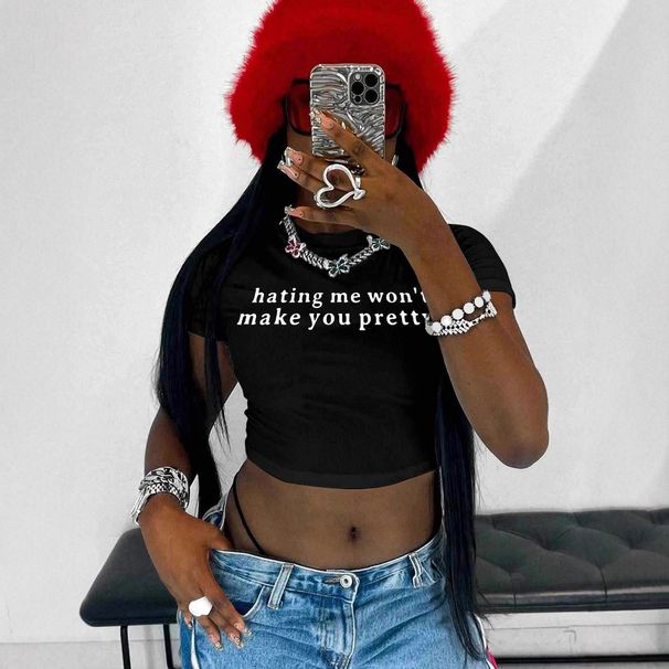 Hot Sale Cross-Border European American Sweet And Spicy Tight-Fitting Letter Print Summer Slim-Fit Crop Top Wholesale_ecoleips.com