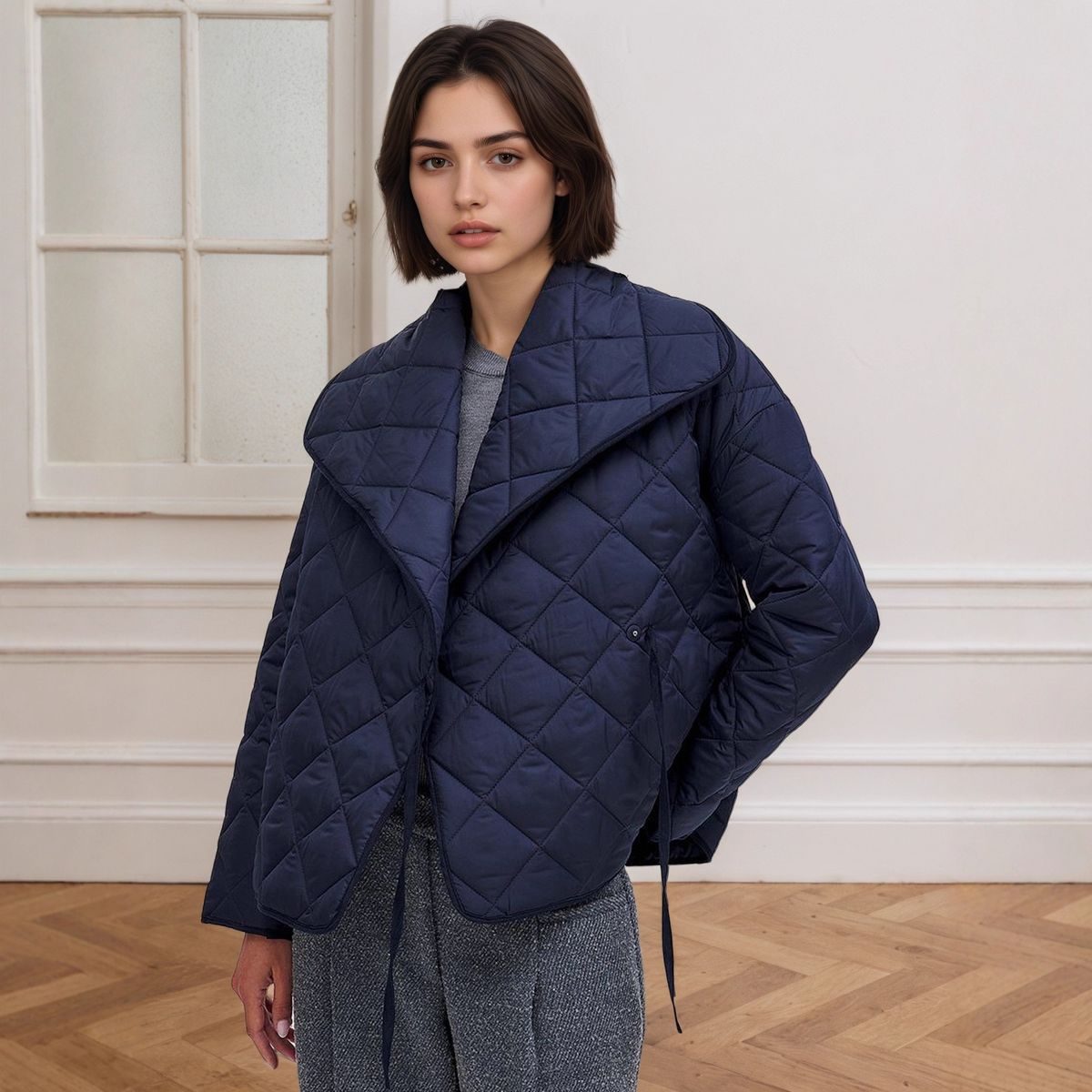 Royal Blue Quilted Puffer Jacket - Oversized Notch Lapel Coat With Diamond Stitching, Lightweight Polyester (US Sizes S-XL)_ecoleips.com