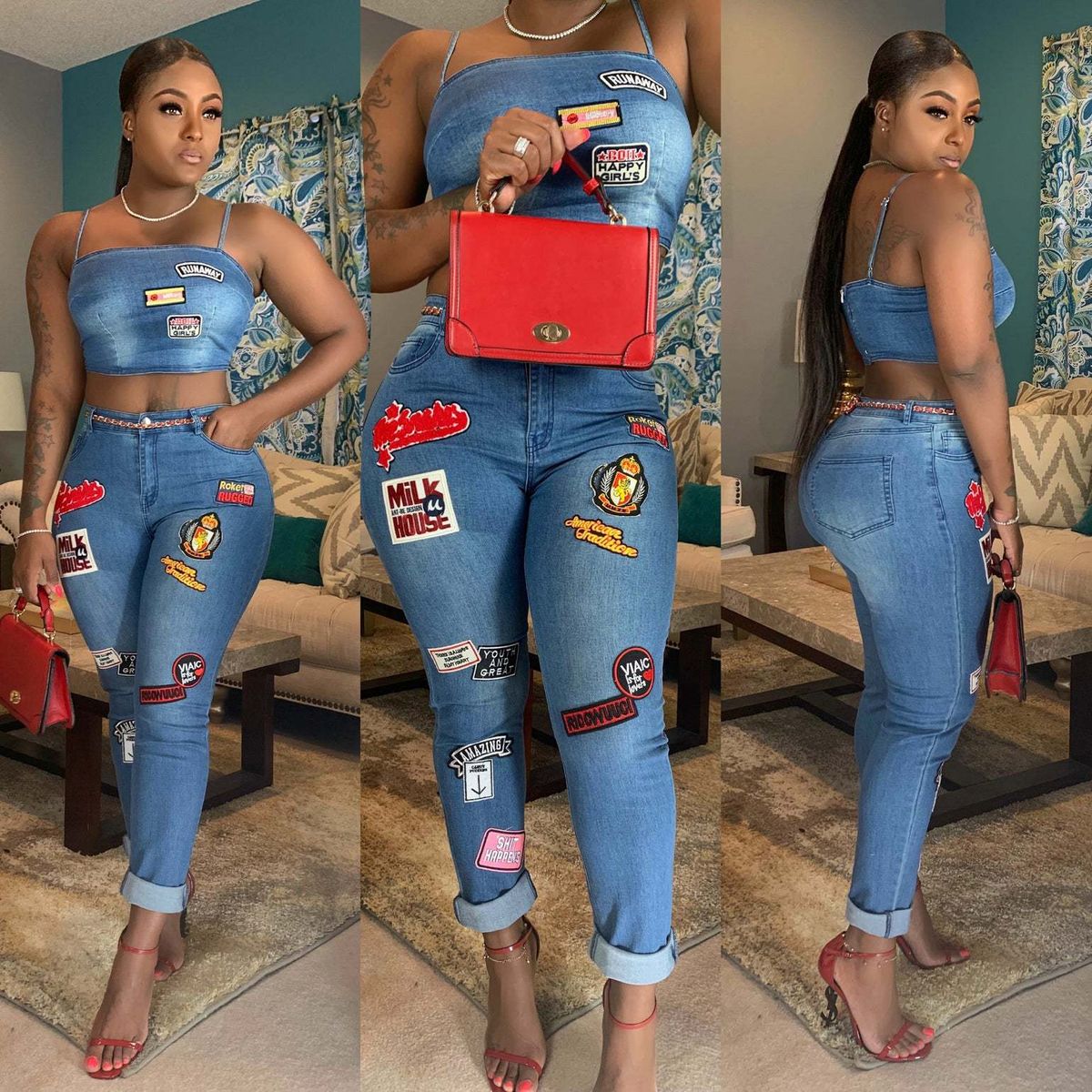 Women’s Clothing Sexy New Cartoon Patch Cuff Jeans Suit_ecoleips.com