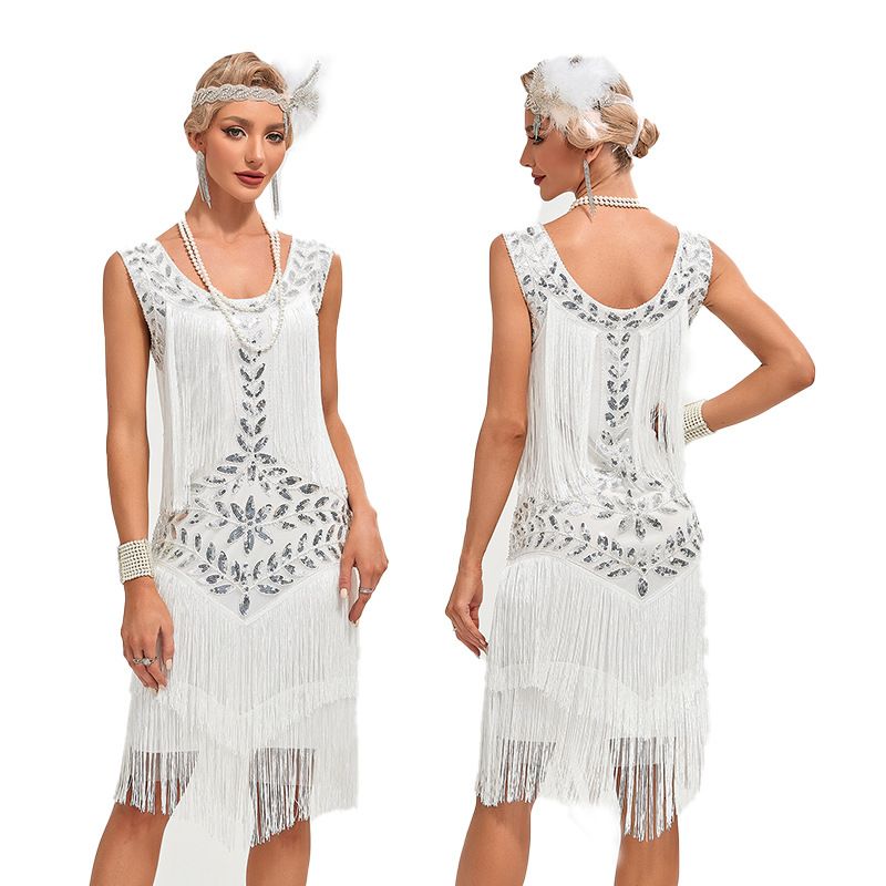 Women's Clothing Dance Skirt Round Neck Sequin Beaded Embroidery Tassel Vest Large Size Dress_ecoleips.com