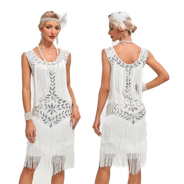 Women's Clothing Dance Skirt Round Neck Sequin Beaded Embroidery Tassel Vest Large Size Dress_ecoleips.com