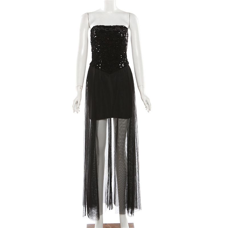 2025 Summer New Women's Clothing Tube Top Sequin Tube Top Mesh Splicing High Waist Long Skirt Dress_ecoleips.com