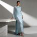 Ethereal Ice Blue Maxi Dress With Flowing Ribbon Accents – High-Waisted French Elegance Long Sleeve Gown_ecoleips.com