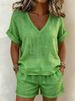Summer Collection Solid Color V Neck Loose Casual Cotton Linen Set Short Sleeve Top And Shorts Women's Clothing_ecoleips.com