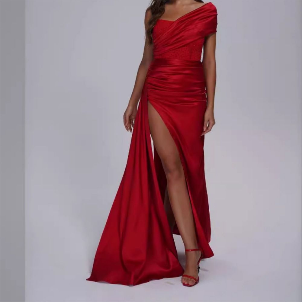 Women's Clothing Black Fashion One Shoulder Sleeveless Backless Silk Casual Pleated Loose Long Slit Dress Party Dress_ecoleips.com