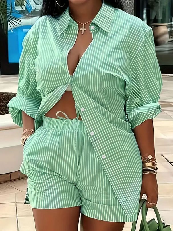 Women's Summer Casual Blue Striped Shirt And Shorts Set Short Sleeved Vacation Style_ecoleips.com