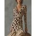 Women's Leopard Print Patchwork Dress V Neck Short Sleeve Digital Print Long Sleeve Mesh Stone Style_ecoleips.com