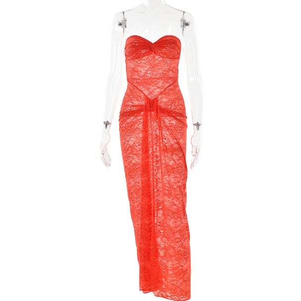 European And American Style Cross-border New Dress, Fashionable And Sexy Slim Mesh Stitching Tube Top Hollow Perspective Long Dress Women_ecoleips.com