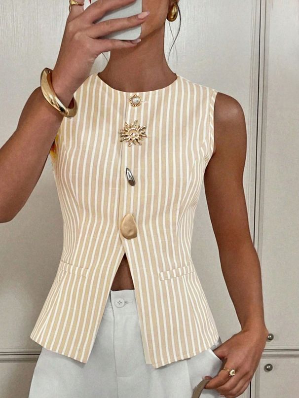 Aria Basics Aria Basics 2025 New Women's Fashion European And American Single-Breasted Coat Elegant Striped Round Neck Button Vest Top_ecoleips.com