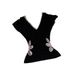 Korean Fashion Design Sense Niche Printing Short-sleeved T-shirt Retro Waist Thin V-neck Temperament Black Top Women's Summer_ecoleips.com