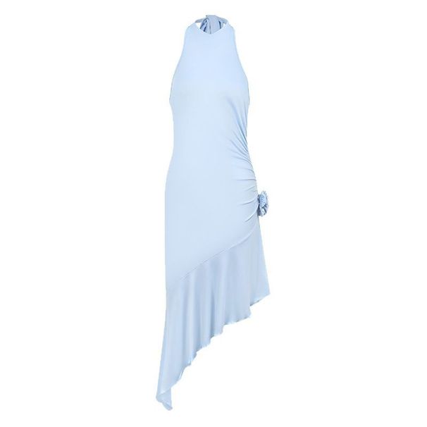 European And American Style Women's Dress, Solid Color, Halter Neck, Round Collar, Asymmetrical Hem, Sleeveless, Floral,_ecoleips.com