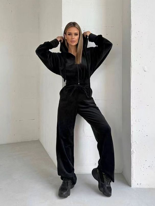 Women's Clothing Autumn And Winter Women's Solid Color Hooded Casual Zipper Sports Velvet Jacket Pants Suit_ecoleips.com