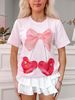 Women's Clothing Spring And Summer New Cherry Bow Print Loose Short Sleeved T Shirt_ecoleips.com