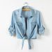 K Fringed Knotted Sleeve Denim Shirt For Women Short Thin Jacket_ecoleips.com