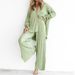 Women's Clothing Solid Color Pleated Long Sleeved Lapel Cardigan Shirt Slit Pajamas Two Piece Suit_ecoleips.com