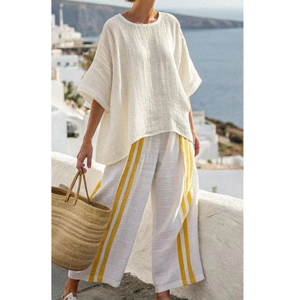 European And American plus Size Women's Loose Fit Suit Color Blocked Striped Short Sleeved Top And Wide Leg Pants Casual Two Piece Set_ecoleips.com