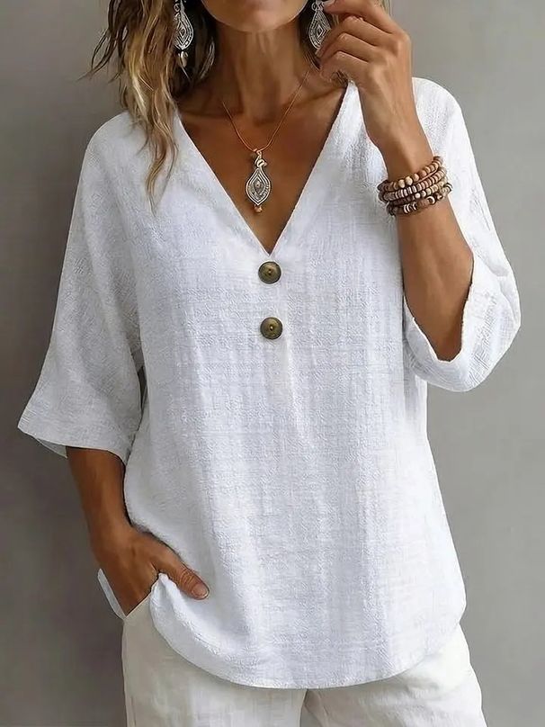 Women's V Neck Button Loose Top Cotton Linen Summer T-Shirt European And American Style New 2026_ecoleips.com